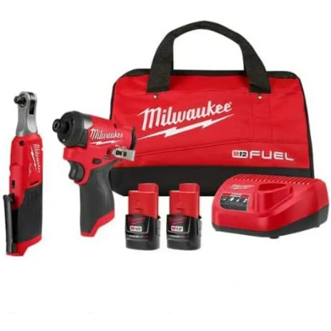 Milwaukee 3453-22HSR M12 FUEL 12V Lithium-Ion Cordless 3/8 in. Ratchet and 1/4 in. Impact Driver Kit (2-Tool) w/Batteries, Charger & Bag