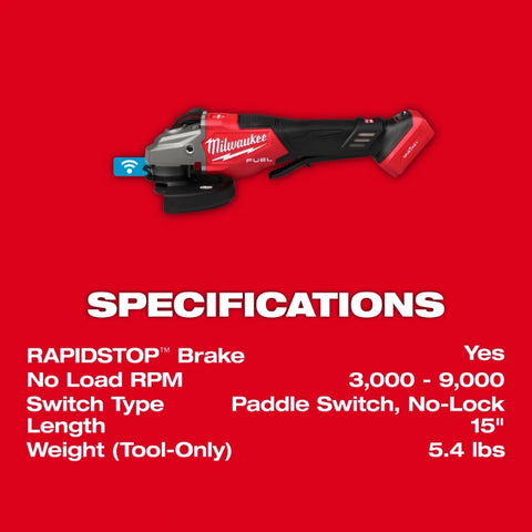 Milwaukee 3672-20 M18 FUEL™ 4-1/2"-6" Variable Speed Braking Grinder, Paddle Switch w/ ONE-KEY™