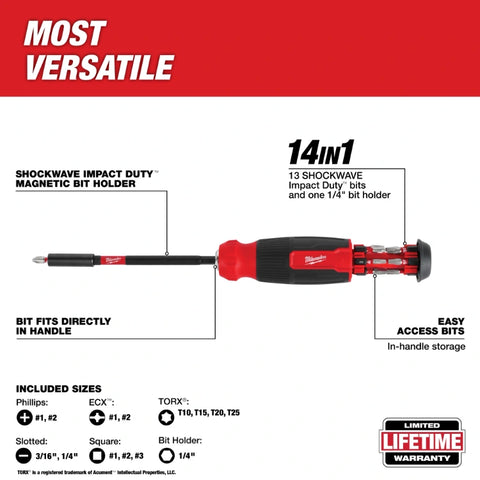 Milwaukee 48-22-2915 14-IN-1 Multi-Bit Screwdriver w/ SHOCKWAVE™ Impact Duty Bits