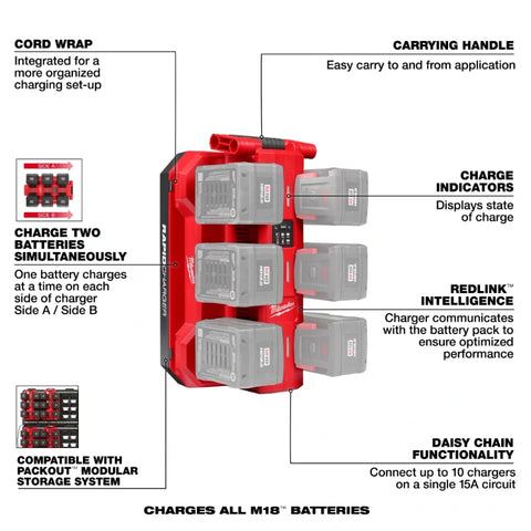 Milwaukee 48-59-1817 M18™ Six Bay Daisy Chain Rapid Charger w/ PACKOUT™ Compatibility