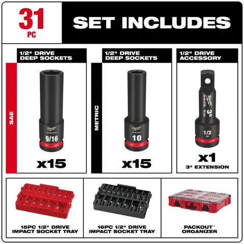 Milwaukee 49-66-6806 1/2" Drive 31 Piece Packout Impact Socket Set