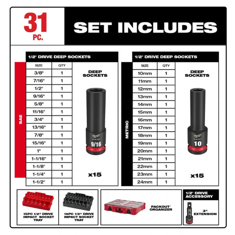 Milwaukee 49-66-6806 1/2" Drive 31 Piece Packout Impact Socket Set