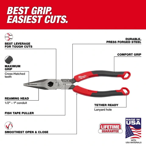 Milwaukee MT555 8" Long Nose Comfort Grip Pliers (USA)