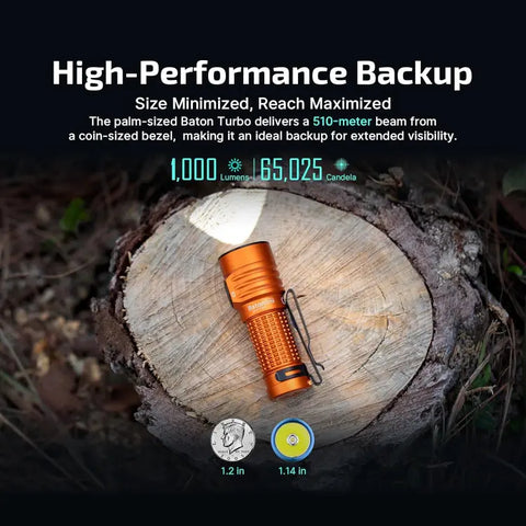 OLIGHT BATONTURBOOGCW Baton Turbo Compact EDC Flashlight with 510m Long-Range Beam - Orange
