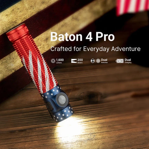OLIGHT Baton 4 Pro Dual Switch High Lumen Compact EDC Flashlight - Stars & Stripes Edition