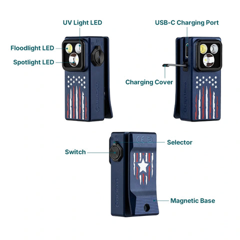 OLIGHT OCLIPULTRASSE Oclip Ultra Clip-On EDC Light with Flood, Spot, and UV Modes - Stars & Stripes Edition