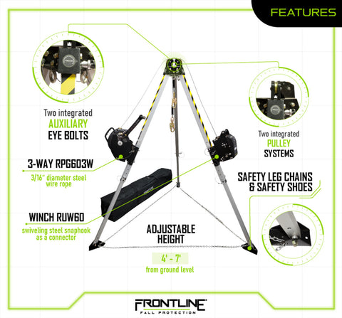 Frontline TAN07RURP MEGApod Confined Space 7' Aluminum Tripod with 60' Winch and 3-Way SRL