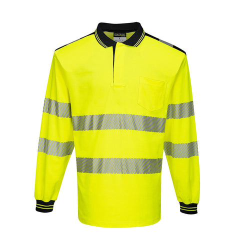 Portwest T184YBR PW3 Hi-Vis Cotton Comfort Polo Shirt L/S - Yellow/Black - R