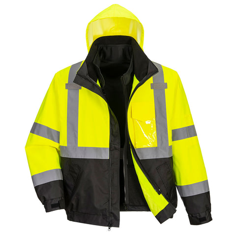 Portwest US365YBT Hi-Vis 3-in-1 Contrast Premium Bomber Jacket - Yellow/Black Tall - T
