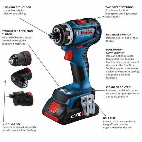 Bosch GSR18V-800FCB24 18V Drill/Driver with 5-In-1 Flexiclick System and 2pk CORE18V 4 Ah Advanced Power Battery