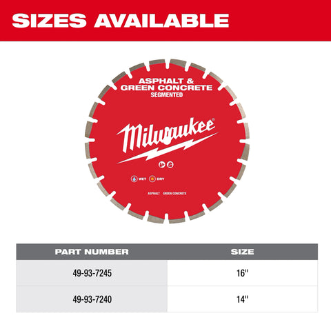 Milwaukee 49-93-7245 16" Asphalt & Green Concrete Diamond Blade