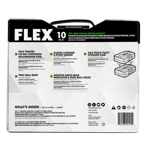 FLEX FAM10401-10 10pc Thin Wall Deep Well 6-point 1/2" Drive Impact Nut Socket Set