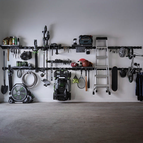 FLEX FSM1502-10 TRACK-LOCK 10-Piece All-Purpose Wall Storage Set – storage application; displayed tools and extra accessories not included (7)