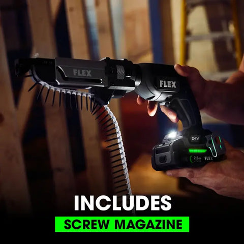 FLEX FXM203-2A Drywall Screw Gun With Magazine Attachment And Cut Out Tool Kit include (2) 2.5Ah Lithium-Ion Batteries, 160W Rapid Charger