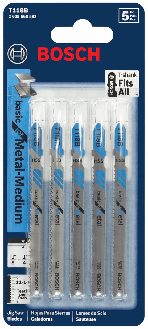 BOSCH T118B 5 pc. 3-5/8 In. 11-14 TPI Basic for Metal T-Shank Jig Saw Blades