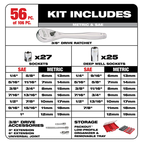 Milwaukee 48-22-9486 1/4 in. & 3/8 in. 106 Pc. Ratchet and Socket Set in PACKOUT™ - SAE & Metric