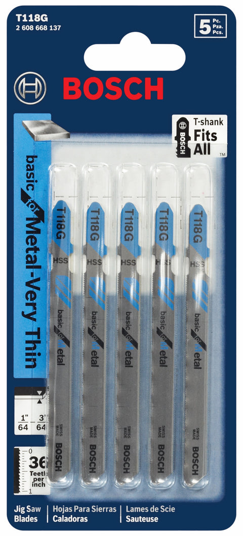 BOSCH T118G 5 pc. 3-5/8 In. 36 TPI Basic for Metal T-Shank Jig Saw Blades