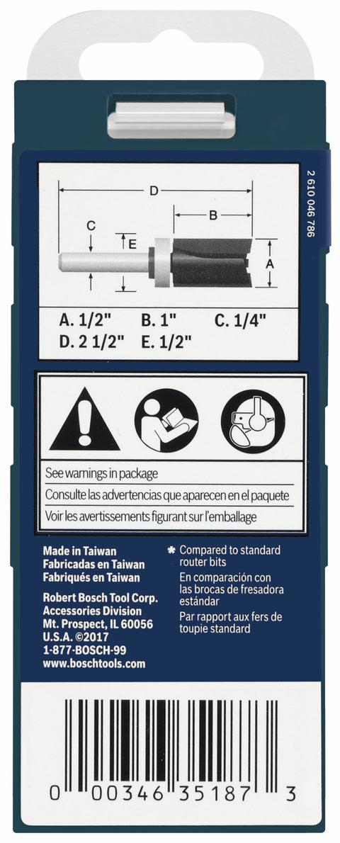 BOSCH 85680MC 1/2 In. x 1 In. Carbide-Tipped Double-Flute Top-Bearing Straight Trim Router Bit