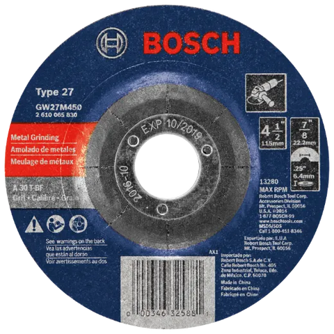 BOSCH GW27M450 4-1/2 In. 1/4 In. 7/8 In. Arbor Type 27 30 Grit Grinding Abrasive Wheel