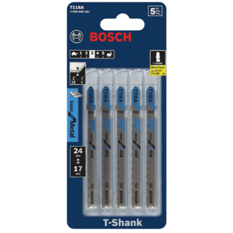 BOSCH T118A 5 pc. 3-5/8 In. 17-24 TPI Basic for Metal T-Shank Jig Saw Blades