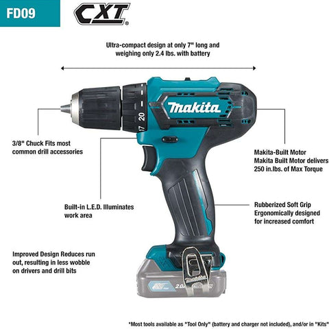 Makita FD09R1 12V max CXT Lithium-Ion Cordless 3/8" Driver-Drill Kit (2.0Ah)
