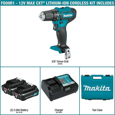 Makita FD09R1 12V max CXT Lithium-Ion Cordless 3/8" Driver-Drill Kit (2.0Ah)
