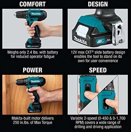 Makita FD09R1 12V max CXT Lithium-Ion Cordless 3/8" Driver-Drill Kit (2.0Ah)
