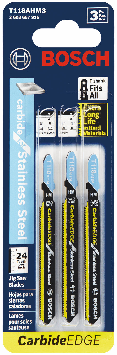 BOSCH T118AHM3 3 pc. 3-1/4 In. 24 TPI Carbide Edge for Stainless Steel T-Shank Jig Saw Blades