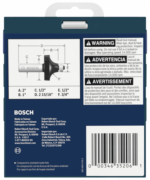 BOSCH 85434MC 3/4 In. x 1 In. Carbide-Tipped Roundover Router Bit
