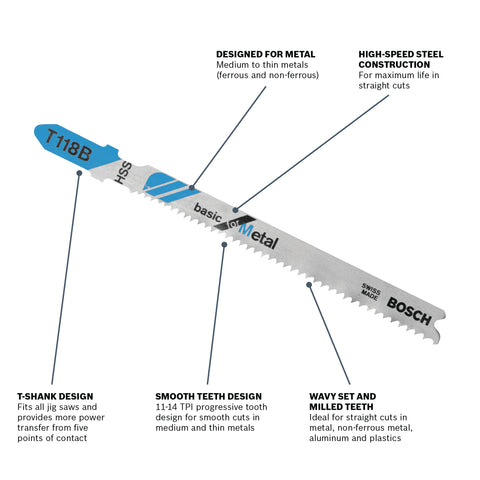 BOSCH T118B 5 pc. 3-5/8 In. 11-14 TPI Basic for Metal T-Shank Jig Saw Blades